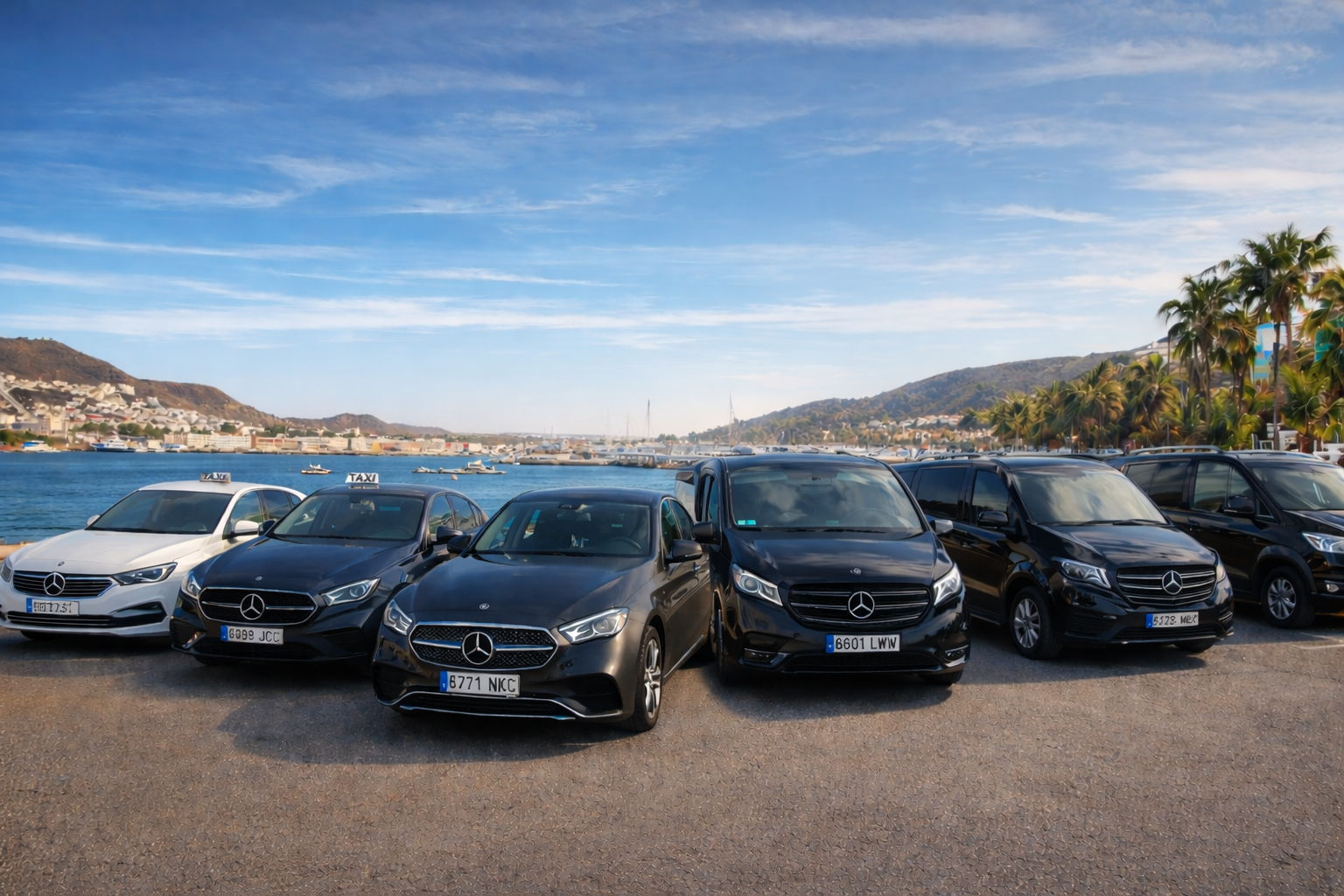 Flota de taxis y vehículos con conductor de Autos & Taxi Indalo junto al puerto